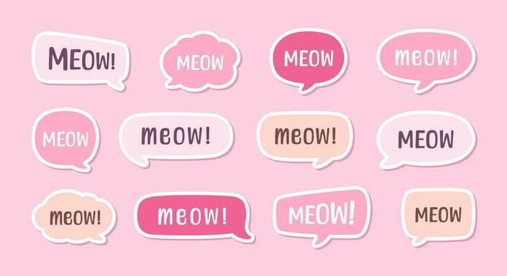 MEOW speech bubble set sticker design. Meow text. Cute hand drawn quote. Cat sound hand lettering. Doodle phrase. Vector illustration for print, sticker sheet, card, poster etc.