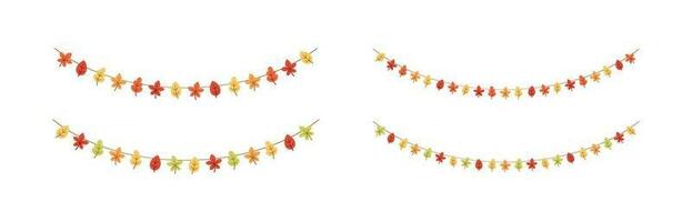Autumn leaves garland in orange and red colors for Fall and Thanksgiving season set. Vector isolated on white background.