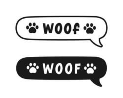 Woof text in a speech bubble balloon outline and silhouette set. Cartoon comics dog bark sound effect lettering. Simple flat vector illustration.