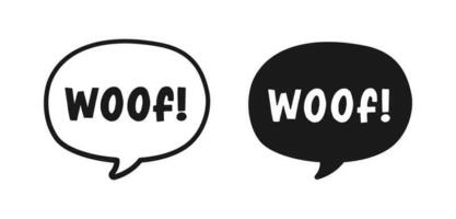 Woof text in a speech bubble balloon outline and silhouette set. Cartoon comics dog bark sound effect lettering. Simple flat vector illustration.