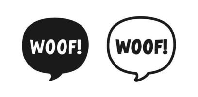 Woof text in a speech bubble balloon outline and silhouette set. Cartoon comics dog bark sound effect lettering. Simple flat vector illustration.