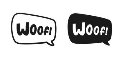 Woof text in a speech bubble balloon outline and silhouette set. Cartoon comics dog bark sound effect lettering. Simple flat vector illustration.