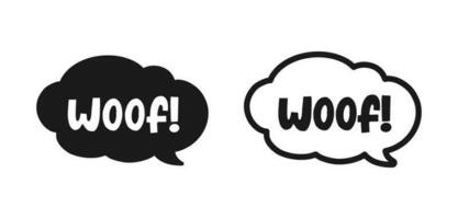 Woof text in a speech bubble balloon cloud outline and silhouette set. Cartoon comics dog bark sound effect lettering. Simple flat vector illustration.