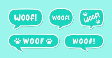 Woof text in a speech bubble balloon set, digital sticker design. Cute cartoon comics dog bark sound effect and lettering. Textured vector illustration.