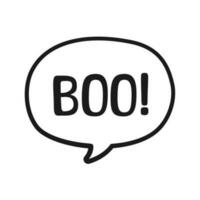 Boo text in speech bubble doodle design. Vector illustration. Happy Halloween greeting card. Cartoon hand drawn calligraphy style.