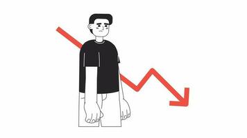 Stock market graph down bw 2D animation. Unsuccessful businessman 4K video motion graphic. Price prediction. Stock trader stress monochrome outline animated cartoon flat concept, white background