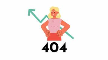 Happy trader with growing arrow 404 error animation. Growing stock error message gif, motion graphic. Profit increase. Purposeful woman animated character cartoon 4K video isolated on white background