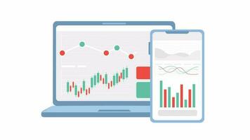 mobil, bärbar dator handel plattformar 2d objekt animation. investering Ansökan platt tecknad serie 4k video, transparent alfa kanal. tillväxt medel. stock handel Hem animerad ikon på vit bakgrund video
