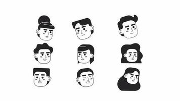 Multicultural coworkers bw 2D avatar icons animation set. People business outline cartoon 4K video, alpha channel. Entrepreneurs animated people facial expressions pack isolated on white background video