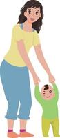 Portrait mom life of a young mom teaches her baby child to walk illustration vector