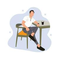 Man sitting at table and drinking coffee. Vector illustration in flat style