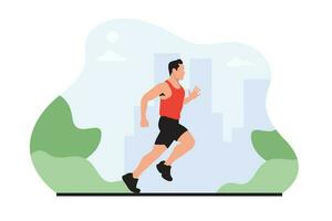 Running man jogging in city park flat vector illustration. Healthy lifestyle.