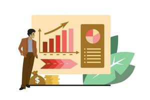 Vector illustration of a business man analyzing charts and graphs. Business concept.