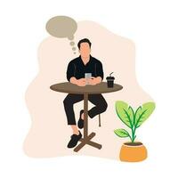 Man sitting at the table and using smartphone. Vector illustration in flat style