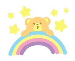 cute kawaii happy bear with sweet pastel rainbow and star illustration graphic vector element