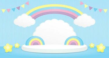 linda kawaii dulce pastel arco iris arco con nube forma podio monitor 3d ilustración vector escena para poniendo objeto