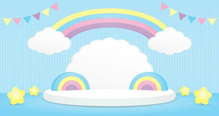 cute kawaii sweet pastel rainbow arch with cloud shape podium display 3d illustration vector scene for putting object