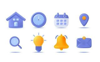 Business and office schedule 3d icon set. Place, time, calendar, search, bulb, bell, envelope icon. vector