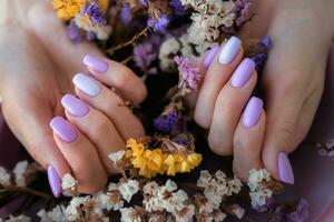 Women's hands with a fashionable very peri manicure against the background of dried flowers. Spring-summer nail design photo