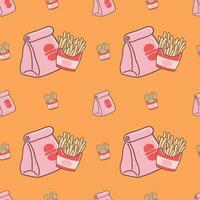 Cute seamless pattern background of french fries and fast food wrapping paper vector