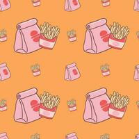 Cute seamless pattern background of french fries and fast food wrapping paper vector