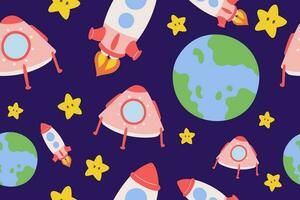 Kawaii Outer Space Seamless Pattern Background. Cute Cosmic Galaxy themed for apparel, textile and wrapping paper vector