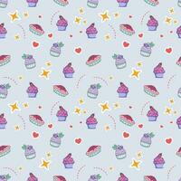 Cute Cake and bakery sweet Food Cartoon perfect seamless pattern background for wrapping paper, graphic print, fabric, textile or apparel vector