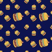 Cute Beef Burger Food Cartoon perfect seamless pattern background for wrapping paper, graphic print, fabric, textile or apparel vector