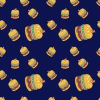 Cute Beef Burger Food Cartoon perfect seamless pattern background for wrapping paper, graphic print, fabric, textile or apparel vector