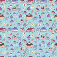 Cute Cake and bakery sweet Food Cartoon perfect seamless pattern background for wrapping paper, graphic print, fabric, textile or apparel vector