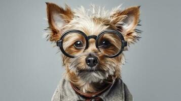 Smart dog in eyeglasses on a gray background. Yorkshire Terrier. Generative AI photo