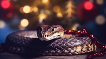 Snake on the background of a red Christmas background. Symbol of 2025. Chinese New Year. Generative AI photo