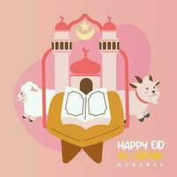 Holy Eid Al Adha Mubarak Cute Banner Cartoon doodle. Islamic and Arabic Greeting flyer for Muslim Community Festival graphic print Vector