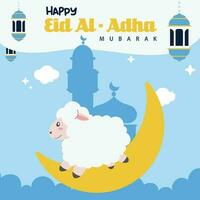 Holy Eid Al Adha Mubarak Cute Banner Cartoon doodle. Islamic and Arabic Greeting flyer for Muslim Community Festival graphic print Vector