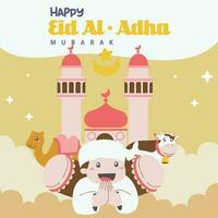 Holy Eid Al Adha Mubarak Cute Banner Cartoon doodle. Islamic and Arabic Greeting flyer for Muslim Community Festival graphic print Vector