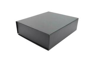 Black blank hard cardboard box isolated on white background photo