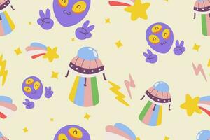 Kawaii Outer Space Seamless Pattern Background. Cute Cosmic Galaxy themed for apparel, textile and wrapping paper vector