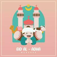 Holy Eid Al Adha Mubarak Cute Banner Cartoon doodle. Islamic and Arabic Greeting flyer for Muslim Community Festival graphic print Vector