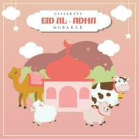 santo eid Alabama adha Mubarak linda bandera dibujos animados garabatear. islámico y Arábica saludo volantes para musulmán comunidad festival gráfico impresión vector