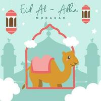 Holy Eid Al Adha Mubarak Cute Banner Cartoon doodle. Islamic and Arabic Greeting flyer for Muslim Community Festival graphic print Vector