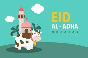 Holy Eid Al Adha Mubarak Cute Banner Cartoon doodle. Islamic and Arabic Greeting flyer for Muslim Community Festival graphic print Vector