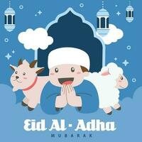 Holy Eid Al Adha Mubarak Cute Banner Cartoon doodle. Islamic and Arabic Greeting flyer for Muslim Community Festival graphic print Vector