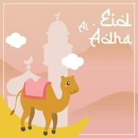 Holy Eid Al Adha Mubarak Cute Banner Cartoon doodle. Islamic and Arabic Greeting flyer for Muslim Community Festival graphic print Vector