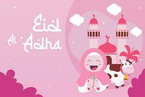 Holy Eid Al Adha Mubarak Cute Banner Cartoon doodle. Islamic and Arabic Greeting flyer for Muslim Community Festival graphic print Vector