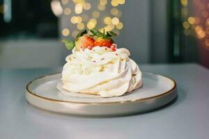 New Year white baked meringue. Christmas bakery background photo