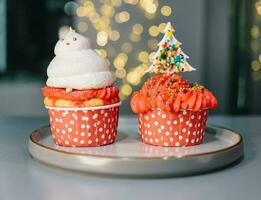 Christmas red Muffin. Background of New Year's cakes photo