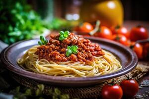 espaguetis con tomate salsa. generativo ai. foto