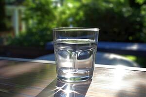 vaso de agua en el mesa. generativo ai. foto