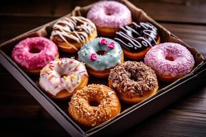 Box with Glazed Donuts with Toppings. . photo