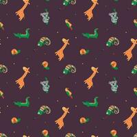 Seamless pattern with safari animals. Giraffe, crocodile, koala, turtle, parrot, newt. Design for fabric, textile, wallpaper, packaging. vector